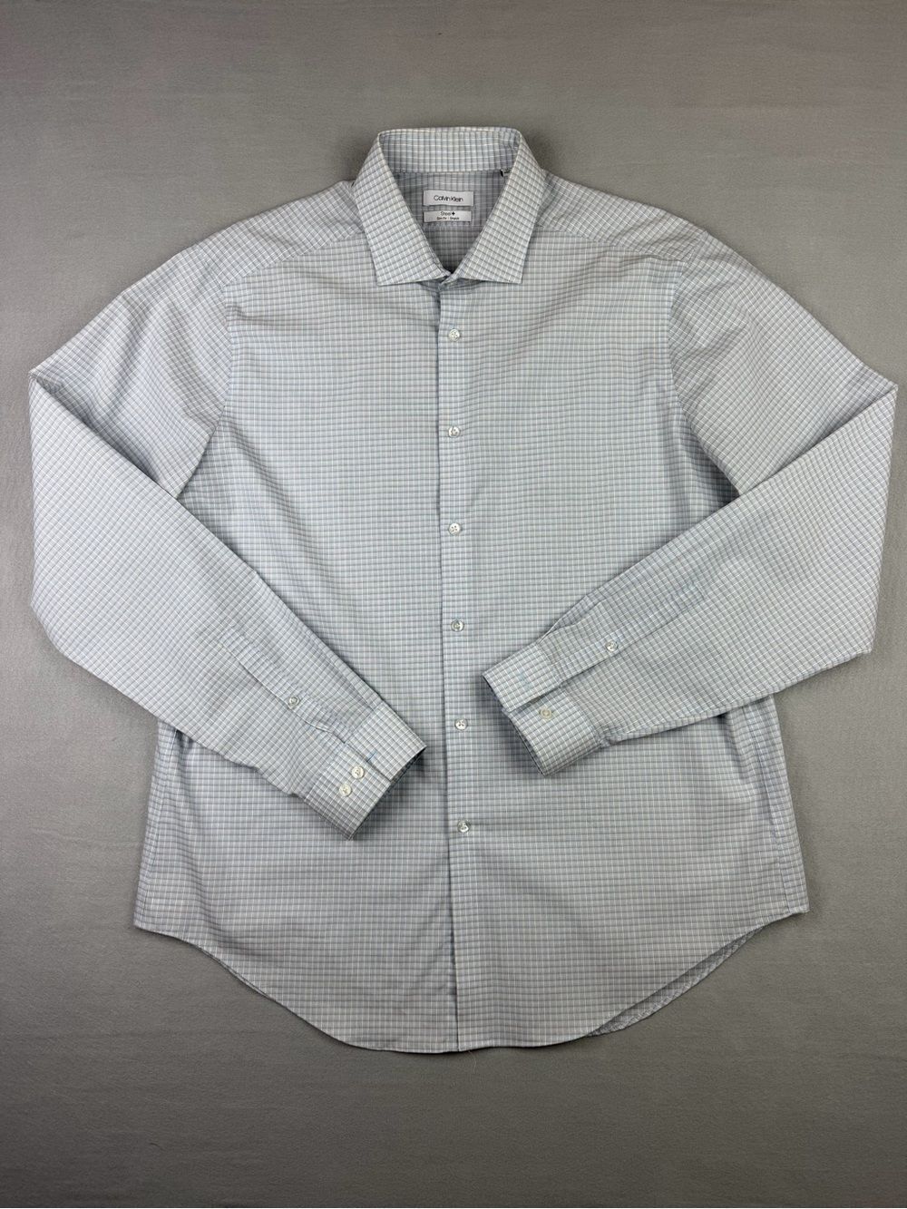 Calvin Klein Men’s 17 36/37 Blue Plaid Long Sleeve Dress Shirt Easy Care